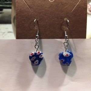 Blue Heart Millefiori Lampwork Bead Earrings